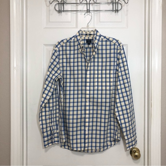 J. Crew Mens Button Up Long Sleeve Blue Yellow Plaid Slim Untucked Shirt Size S - Picture 2 of 12